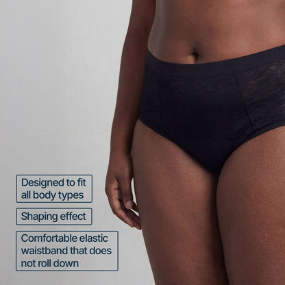 High-waisted black absorbent underwear for female incontinence, designed to fit all body types with a smoothing effect and non-rolling elastic waistband, ideal for light to moderate bladder leaks.