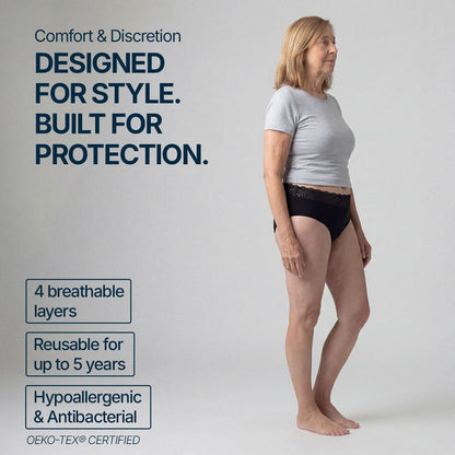 Woman wearing black absorbent underwear with lace for female incontinence, elegant and discreet design with 4 breathable layers, reusable for up to 5 years, hypoallergenic and antibacterial, OEKO-TEX certified for safe and skin-friendly protection.