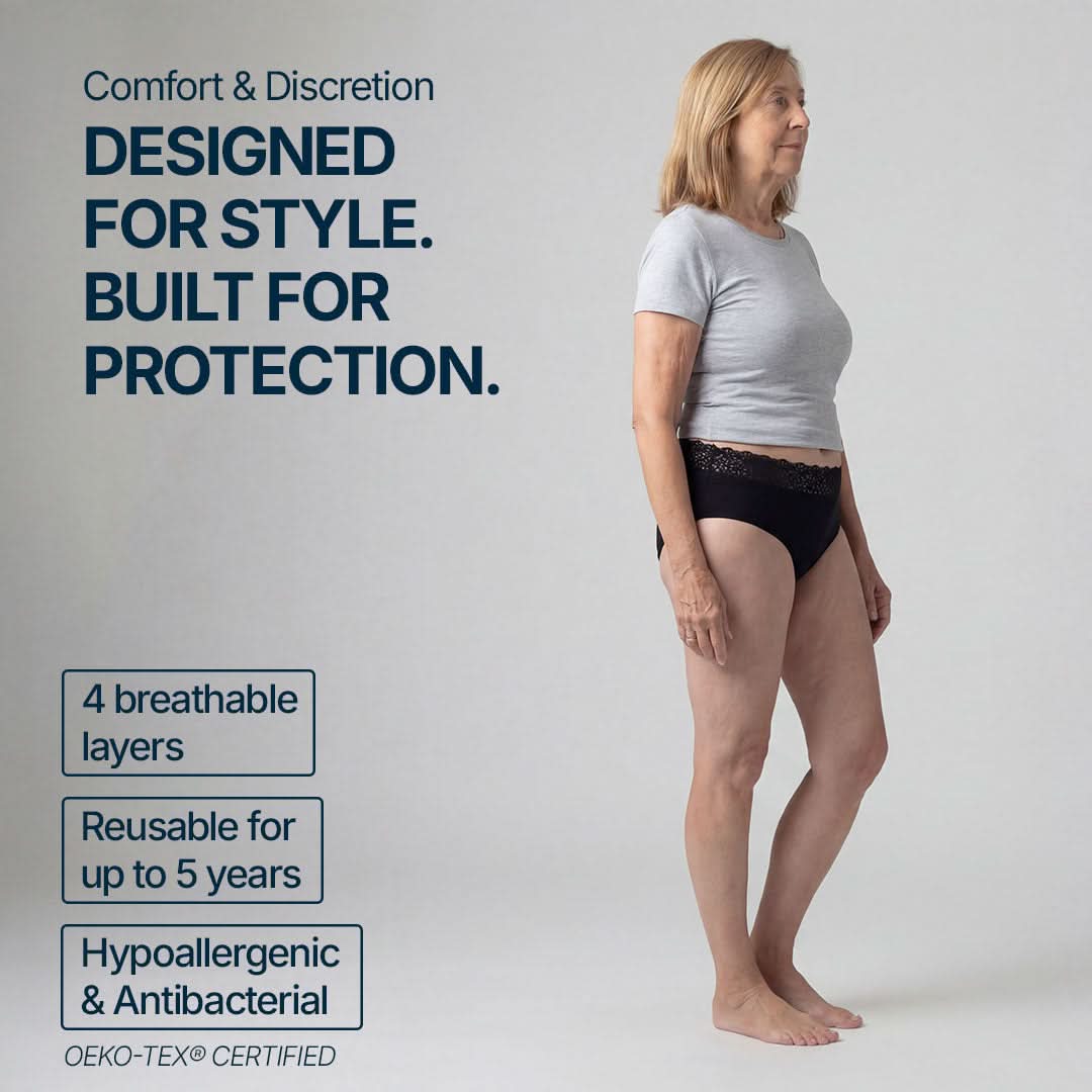 Woman wearing black absorbent underwear with lace for female incontinence, elegant and discreet design with 4 breathable layers, reusable for up to 5 years, hypoallergenic and antibacterial, OEKO-TEX certified for safe and skin-friendly protection.