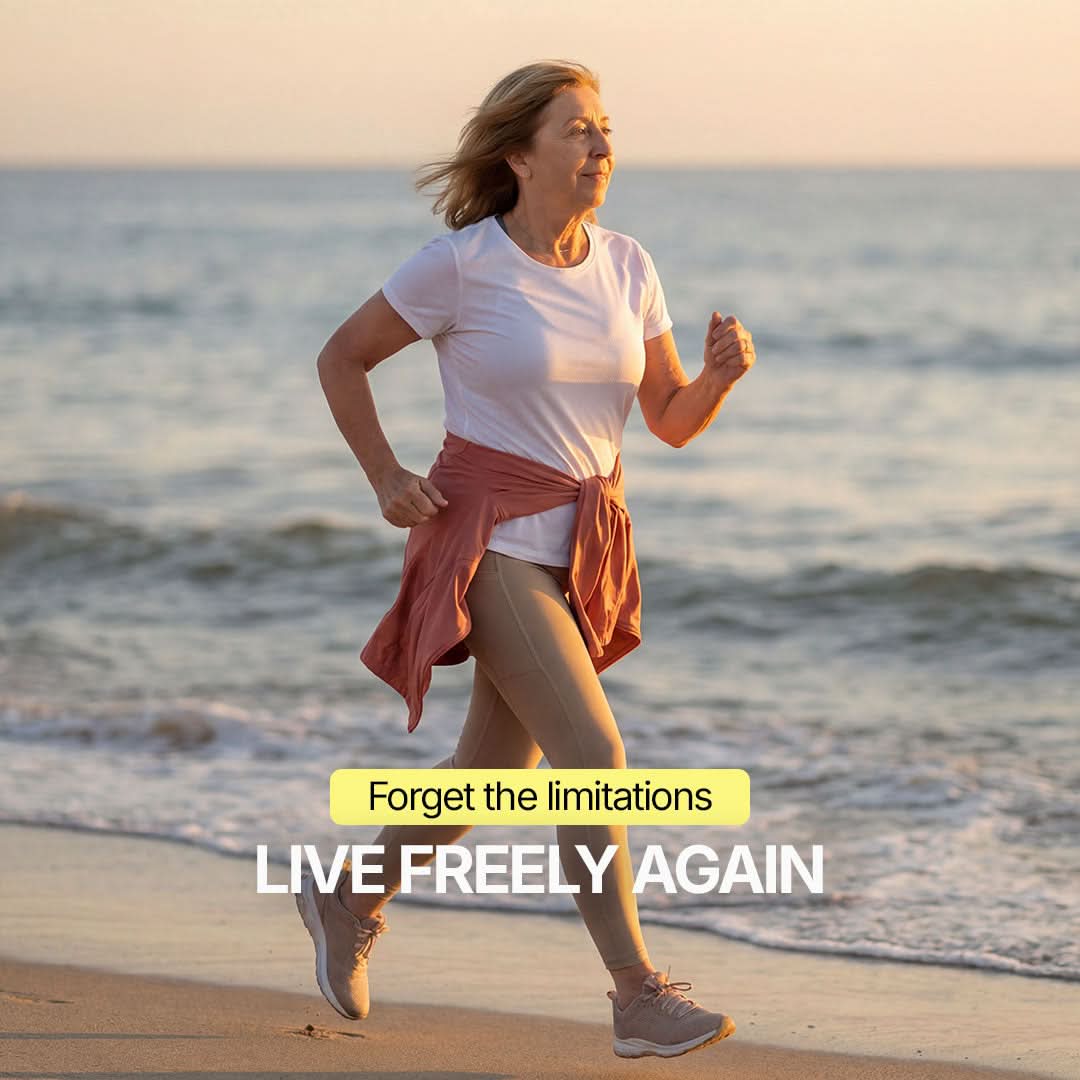 Active woman running on the beach at sunset wearing discreet absorbent underwear for female incontinence, washable and comfortable bladder leak protection designed to restore freedom and confidence every day.