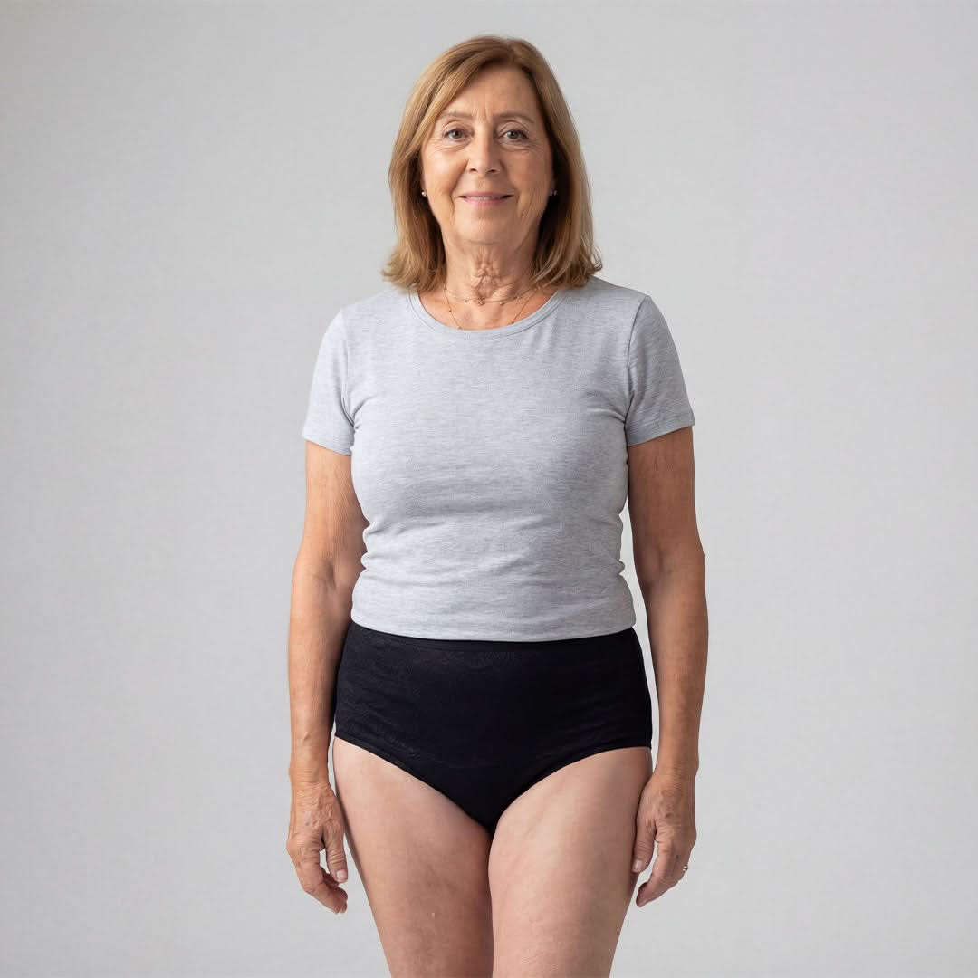 Woman wearing high-waisted black absorbent underwear for female incontinence, a washable and discreet solution for light to moderate bladder leaks, made from comfortable bamboo fiber with odor control for all-day freshness.