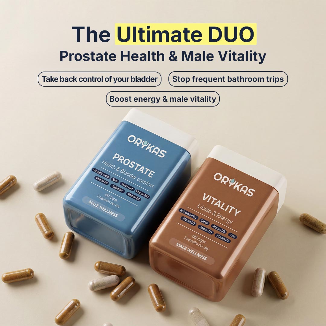 Orykas Prostate Health and Libido Support combo infographic showing combined benefits for men's urinary wellness, prostate health, energy, and sexual vitality