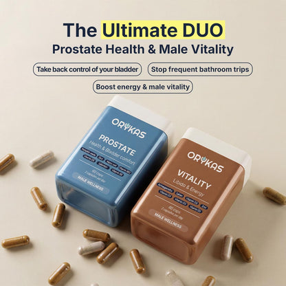 Orykas Prostate Health and Libido Support combo infographic showing combined benefits for men's urinary wellness, prostate health, energy, and sexual vitality