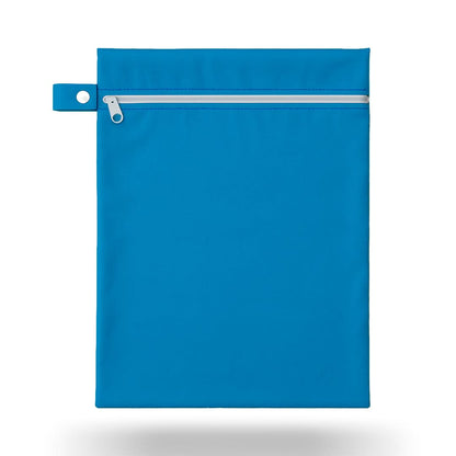 Blue Orykas waterproof bag with a white zipper, a reusable, water-resistant pouch designed to discreetly carry absorbent underwear, ideal for travel, sports, and trips.