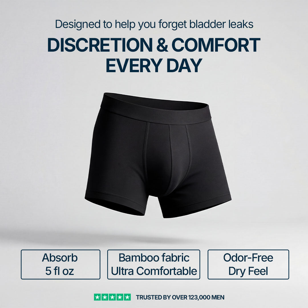 Black absorbent boxer briefs for light bladder leaks, designed for everyday discretion and comfort, absorbs up to 5 fl oz, made from ultra-soft breathable bamboo fiber, odor-resistant and moisture-locking, trusted by more than 123,000 men.