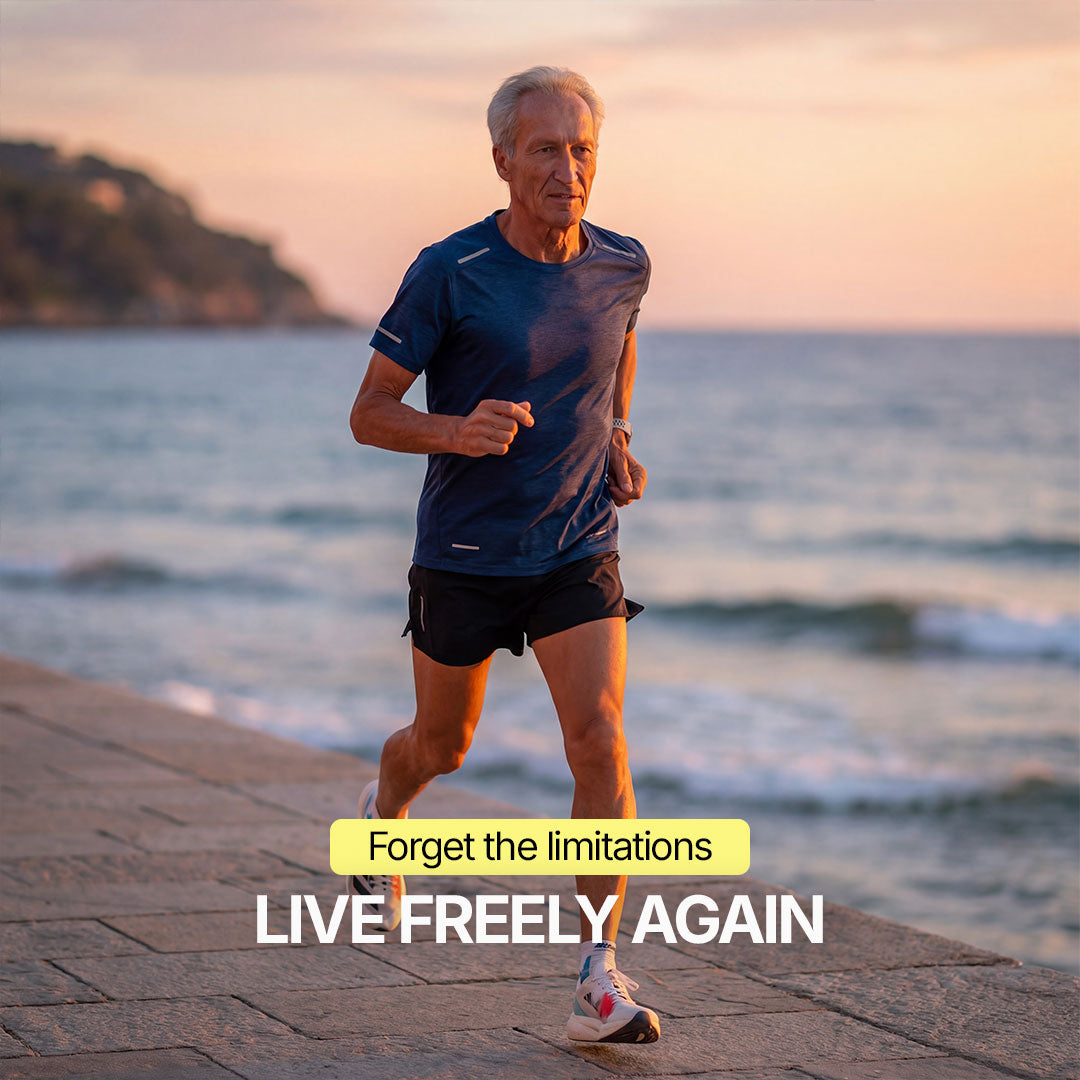Senior man in sportswear running by the ocean at sunset, dynamic and inspiring atmosphere with the message “Forget the limitations” and “Live freely again,” illustrating renewed freedom and everyday confidence despite bladder leaks.