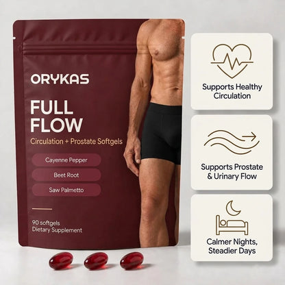 Orykas Full Flow pouch, circulation and prostate softgels for men