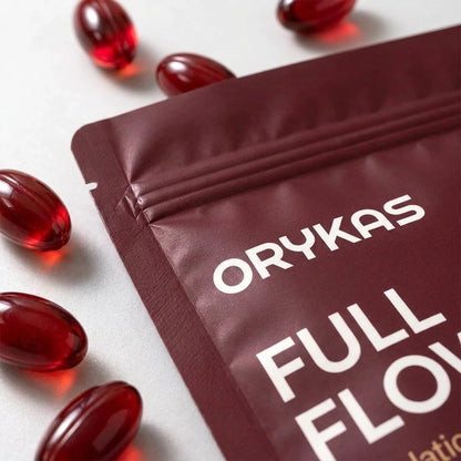 Close-up of the Orykas Full Flow pouch and softgels