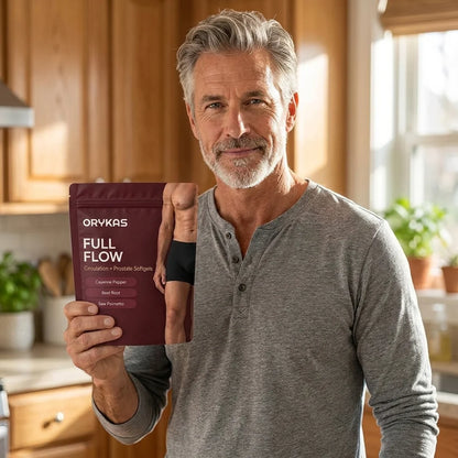 A man holding the Orykas Full Flow pouch in his kitchen