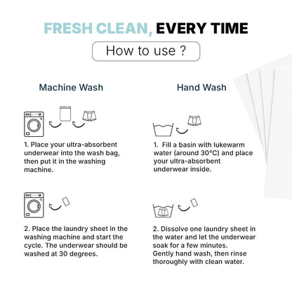 Orykas antibacterial laundry sheets usage instructions: machine wash using a laundry bag or hand wash in a basin of lukewarm water to care for ultra-absorbent underwear.