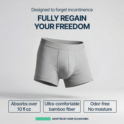 Senior man wearing light gray Orykas absorbent boxer briefs for incontinence – washable bamboo fiber underwear with comfortable fit and reliable leak protection