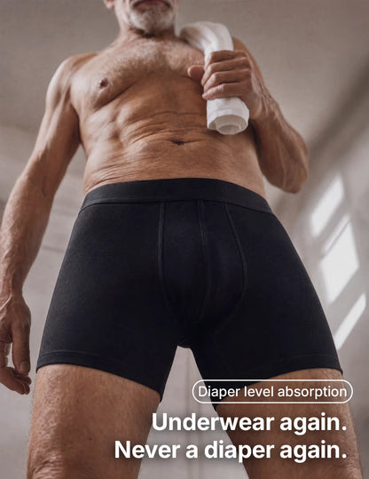 Ultra-absorbent black boxer briefs for men — Orykas heavy incontinence underwear with multi-layer leak protection