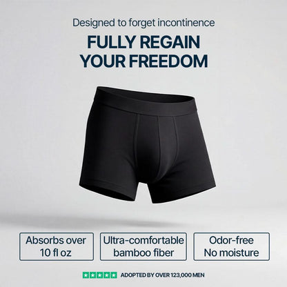 Black absorbent boxer for men designed for incontinence, washable and made from ultra-comfortable bamboo fiber, absorbs over 10 fl oz without odor or dampness, a discreet underwear trusted by over 123,000 men to fully regain freedom and confidence every day.