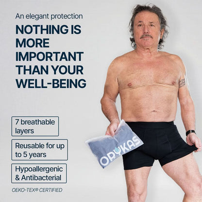 Senior man wearing a black absorbent boxer, showcasing stylish incontinence protection with 7 breathable layers, reusable for up to 5 years, hypoallergenic and antibacterial, OEKO-TEX® certified, a washable solution designed for daily comfort and well-being.