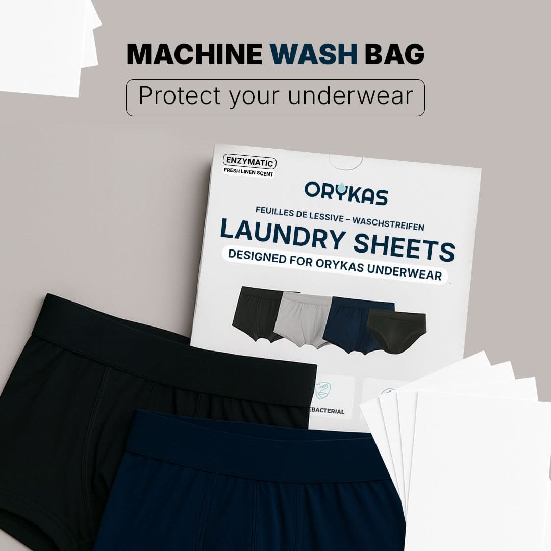 Orykas laundry sheets designed for absorbent underwear, convenient enzymatic format for deep cleaning, odor removal, and optimal care of boxers and briefs for bladder leaks.