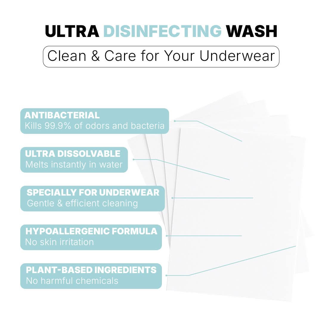 Presentation of Orykas antibacterial laundry sheets: eliminate 99.9% of bacteria and odors, ultra-dissolvable, hypoallergenic, and designed to protect the bamboo fiber in underwear.