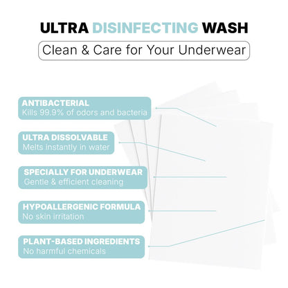 Presentation of Orykas antibacterial laundry sheets: eliminate 99.9% of bacteria and odors, ultra-dissolvable, hypoallergenic, and designed to protect the bamboo fiber in underwear.