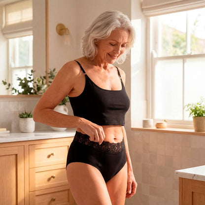 Woman wearing black lace absorbent underwear for moderate flow female incontinence, discreet, comfortable, and washable protection designed for light to moderate bladder leaks.