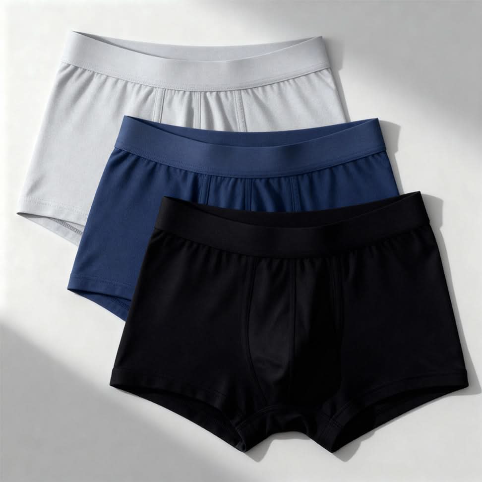 Three-pack of Orykas absorbent boxer briefs laid flat in gray, navy blue, and black, washable and discreet underwear designed for light to moderate bladder leaks.