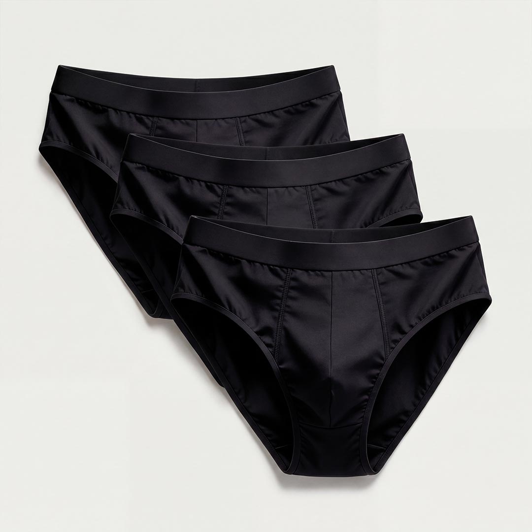 3-pack of Orykas men's black washable incontinence briefs – ultra-absorbent bamboo fiber underwear set for reliable daily bladder leak protection and comfortable fit