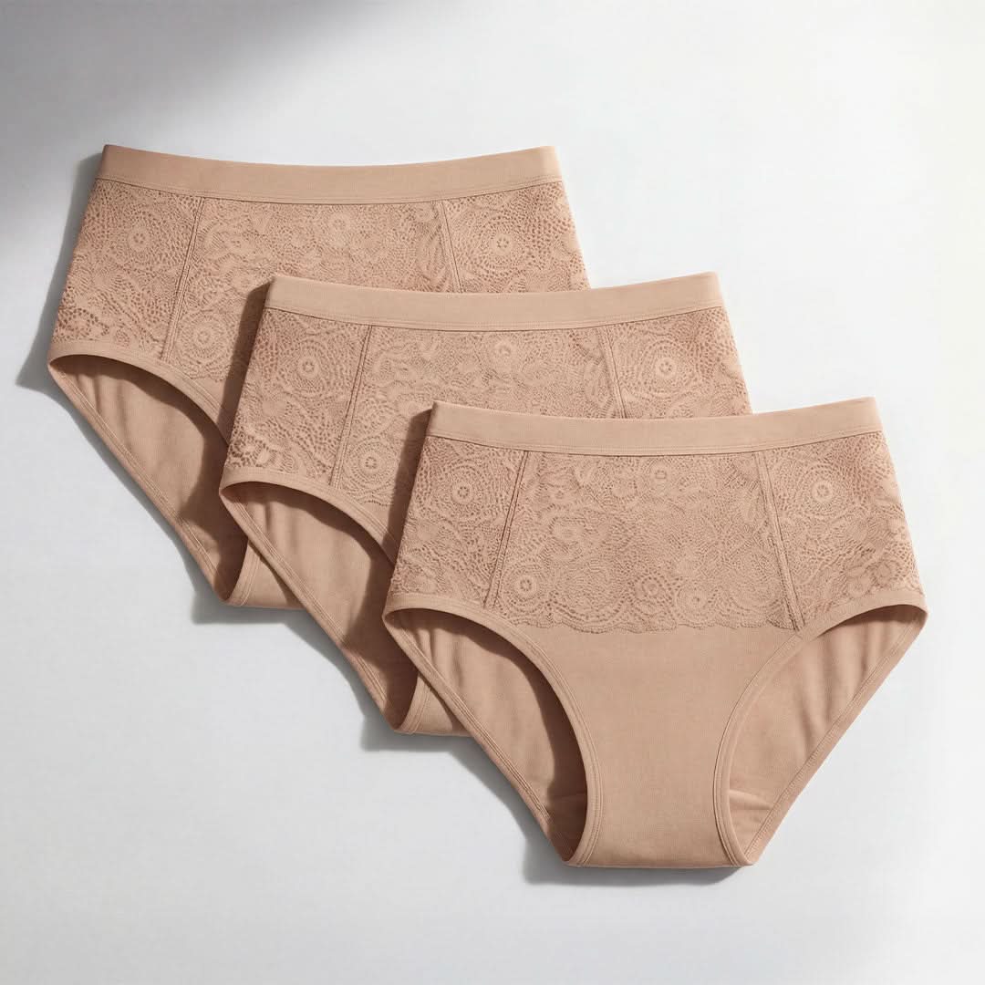 Three-pack of beige absorbent underwear for female incontinence, high-waisted design with elegant lace detailing, washable and reusable solution for light to moderate bladder leaks.