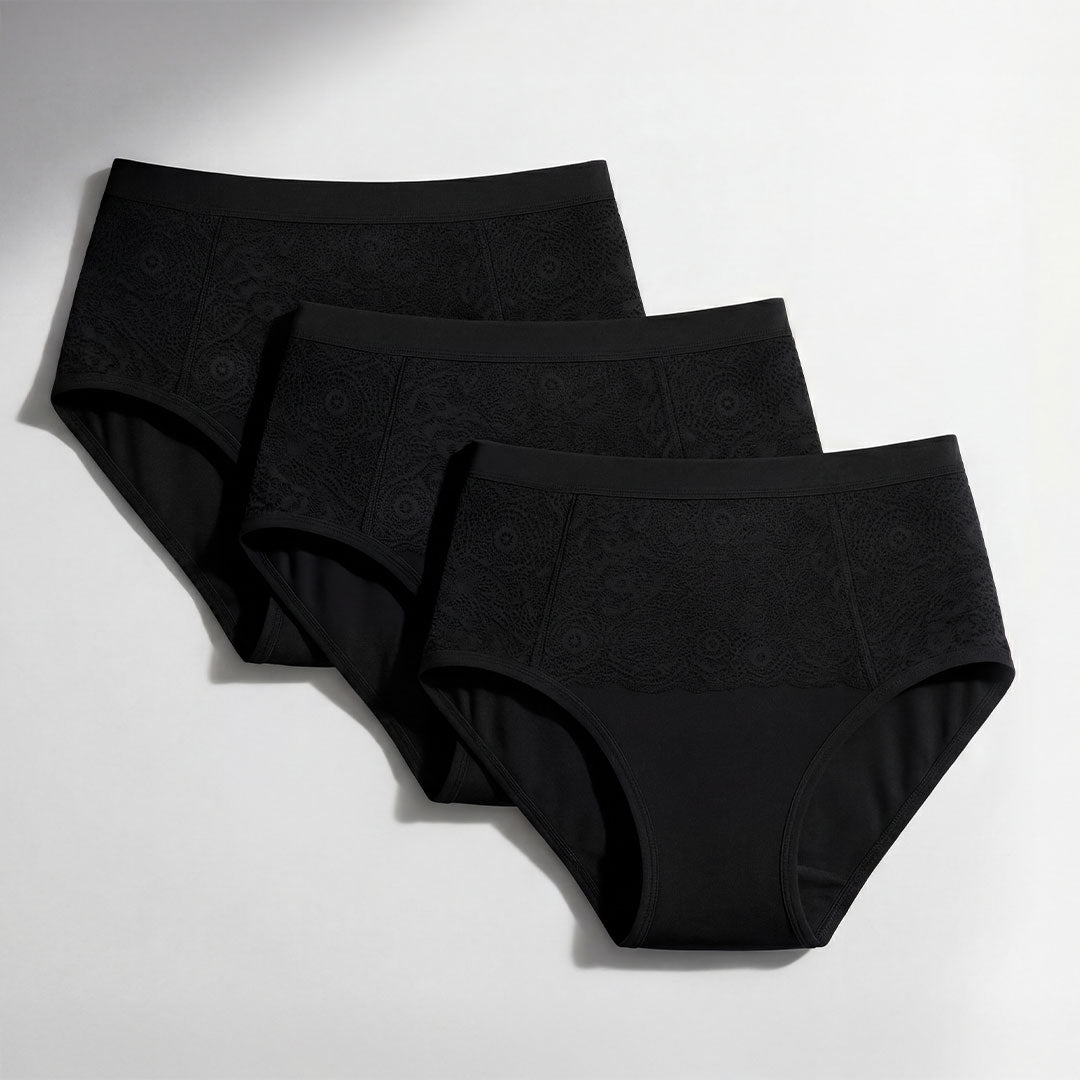 Three-pack of black absorbent underwear for female incontinence, high-waisted design with elegant lace detailing, washable and reusable solution for light to moderate bladder leaks.
