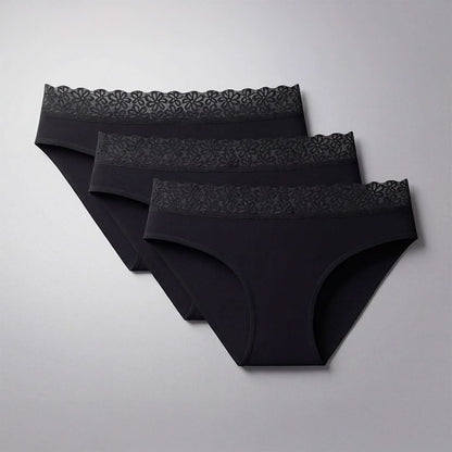 3-pack of black absorbent underwear for women with incontinence, high-waisted design with elegant lace detail, washable and reusable, providing discreet protection for light to moderate bladder leaks.