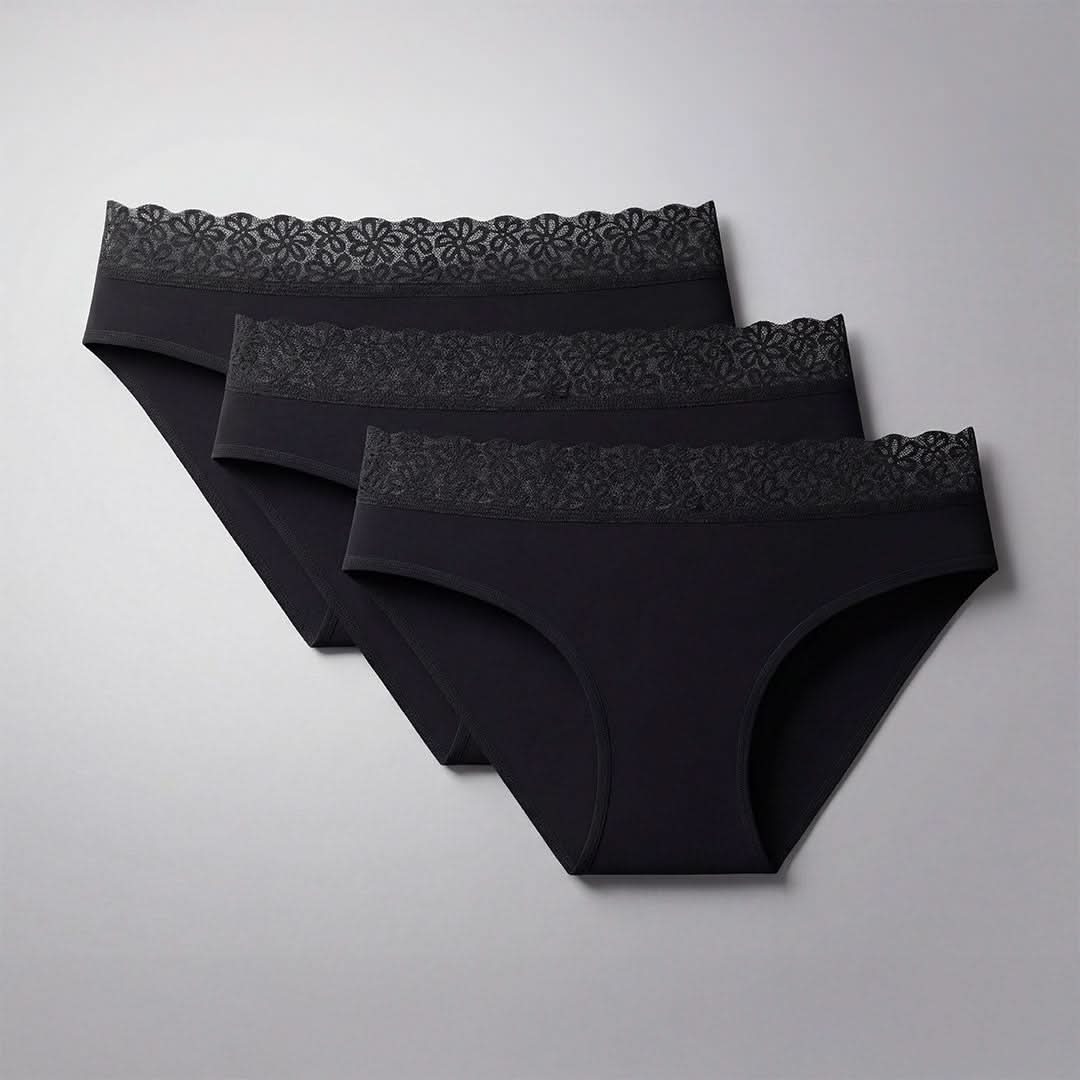 3-pack of black absorbent underwear for women with incontinence, high-waisted design with elegant lace detail, washable and reusable, providing discreet protection for light to moderate bladder leaks.
