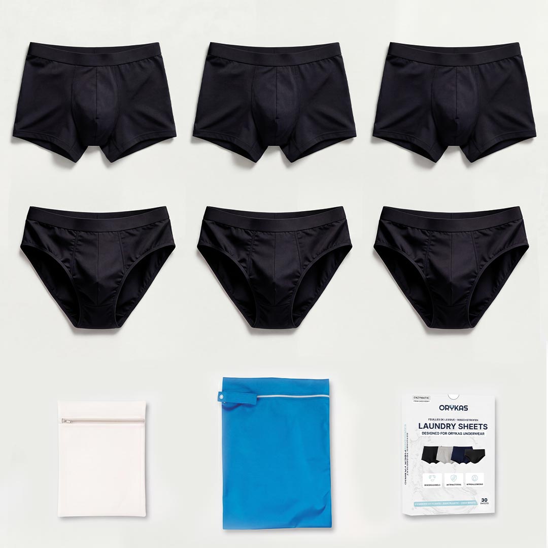 Orykas Essential Set bundle featuring men's washable incontinence boxer briefs and briefs made from soft bamboo fiber for all-day bladder leak protection