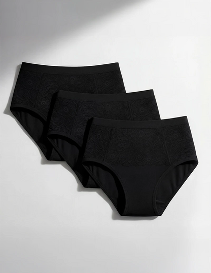 Three-pack of black absorbent underwear for female incontinence, high-waisted design with elegant lace detailing, washable and reusable solution for light to moderate bladder leaks.