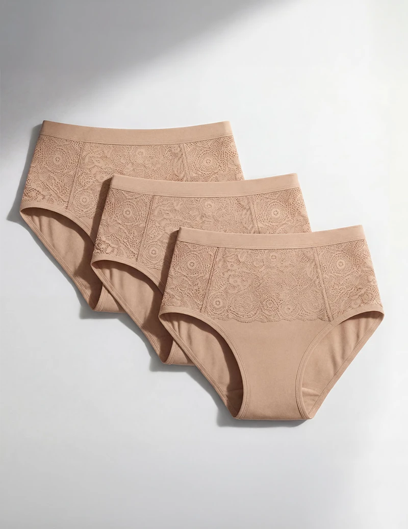 Three-pack of beige absorbent underwear for female incontinence, high-waisted design with elegant lace detailing, washable and reusable solution for light to moderate bladder leaks.