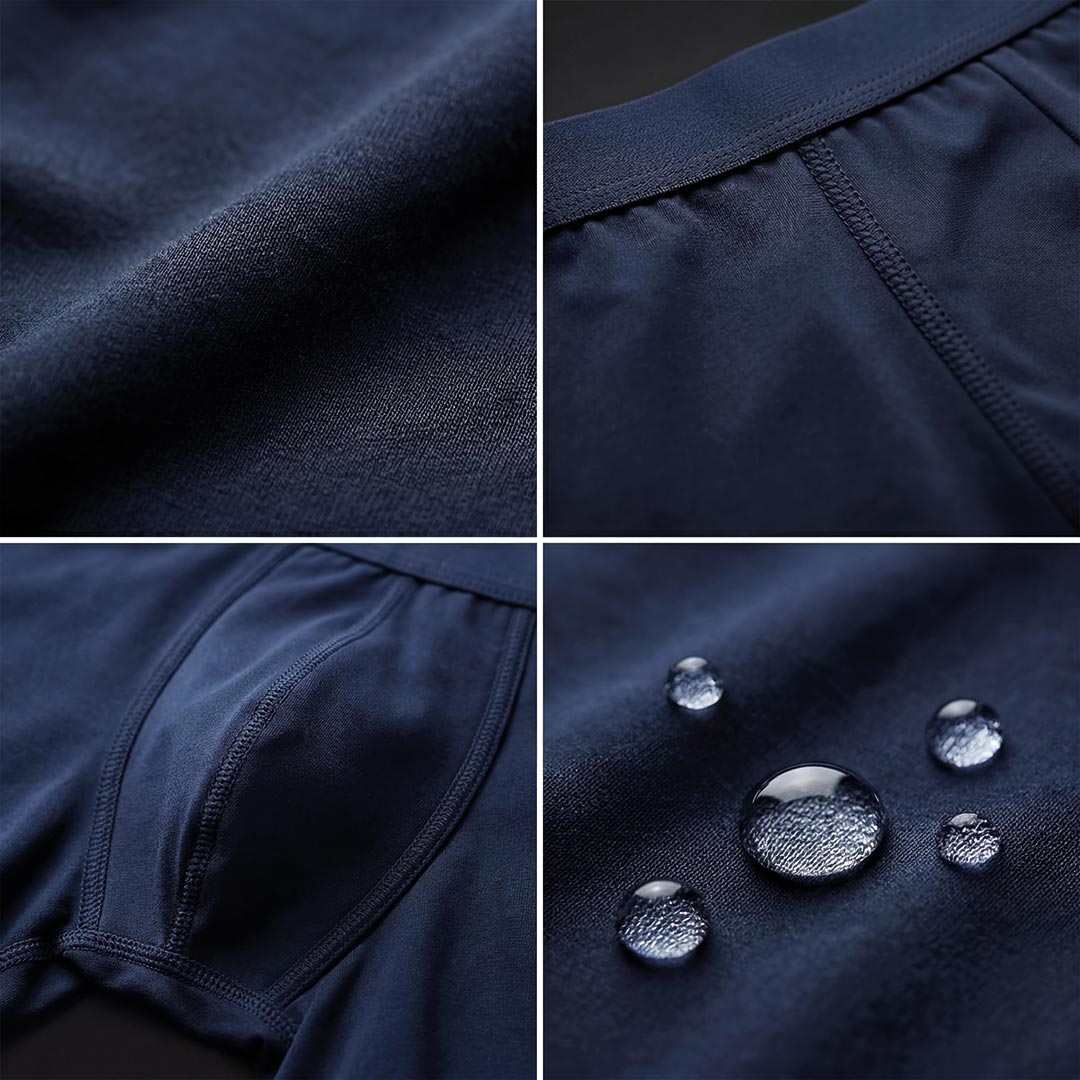 Close-up of navy blue Orykas men's incontinence boxer briefs showcasing bamboo fiber patchwork and reinforced multi-layer absorption zone for superior leak protection