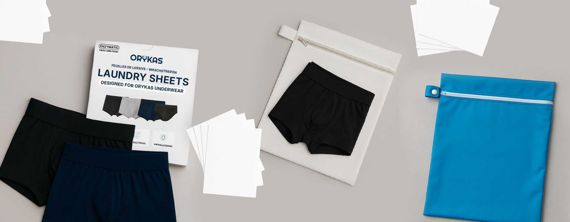 Orykas accessories collection banner featuring machine wash bag, waterproof pouch, antibacterial laundry sheets and bed pad for men's incontinence underwear care