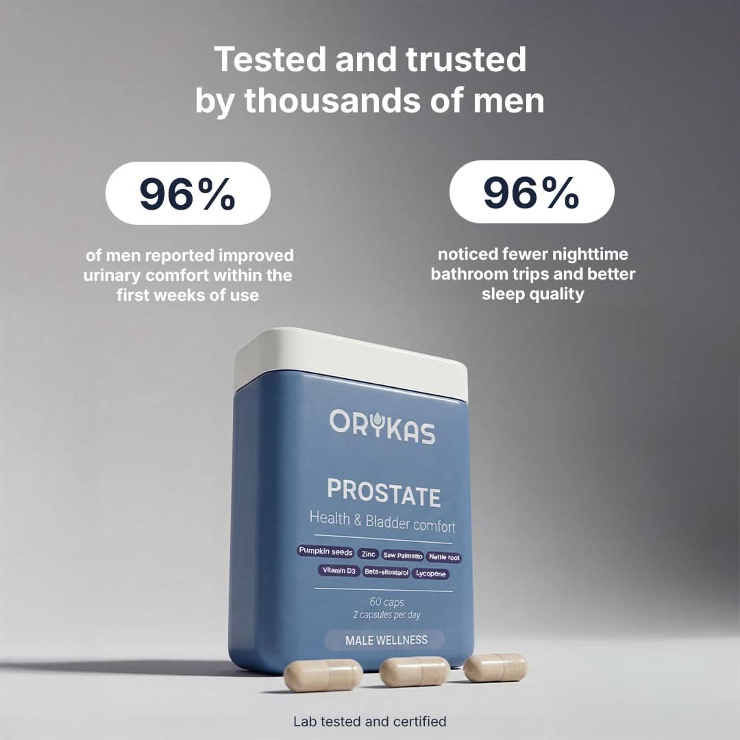 Senior man satisfied with Orykas Prostate Health supplement results – improved urinary control, reduced incontinence symptoms, and renewed daily confidence