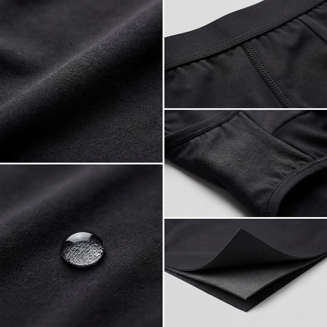 Black Orykas washable incontinence briefs for men on neutral background – ultra-absorbent bamboo fiber underwear providing comfortable and discreet bladder leak protection