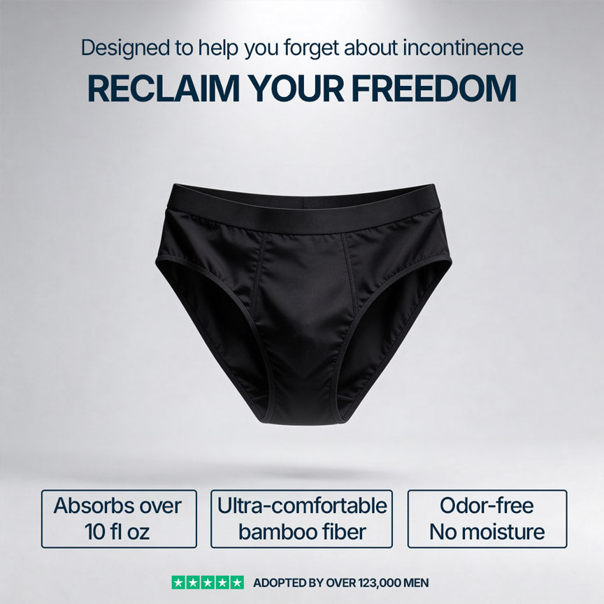 Visual of black Orykas absorbent briefs on a neutral background, designed to help forget incontinence, highlighting absorption over 10 fl oz, ultra-soft breathable bamboo fiber, and odor-free, moisture-locking protection for lasting comfort and confidence.