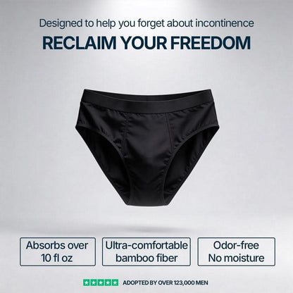 Visual of black Orykas absorbent briefs on a neutral background, designed to help forget incontinence, highlighting absorption over 10 fl oz, ultra-soft breathable bamboo fiber, and odor-free, moisture-locking protection for all-day comfort.