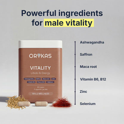 Orykas Vitality supplement ingredient label featuring natural compounds supporting men's energy, libido, hormonal balance, and overall vitality