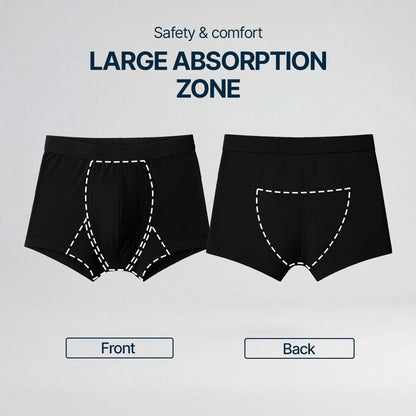 Illustration of a black Orykas boxer highlighting the large front and back absorption areas with dotted markings, demonstrating safety and comfort for light to moderate bladder leaks.