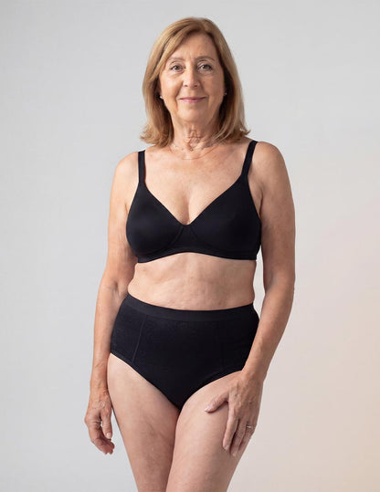Black Orykas high-waisted women's incontinence underwear for heavy flow – washable bamboo fiber panties providing reliable leak protection and all-day comfortable fit